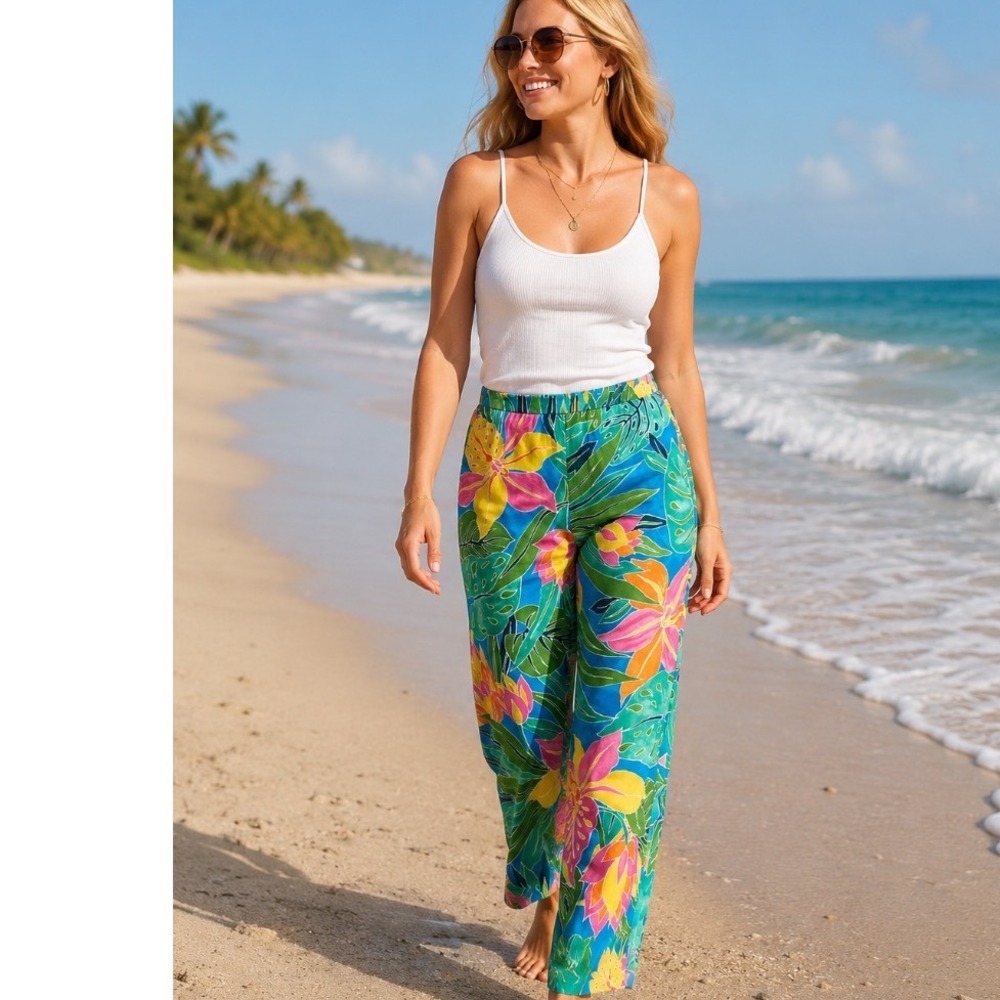 Ralph Lauren tropical floral Pants High‎ Waisted Blue  Sz 6 resortwear summer